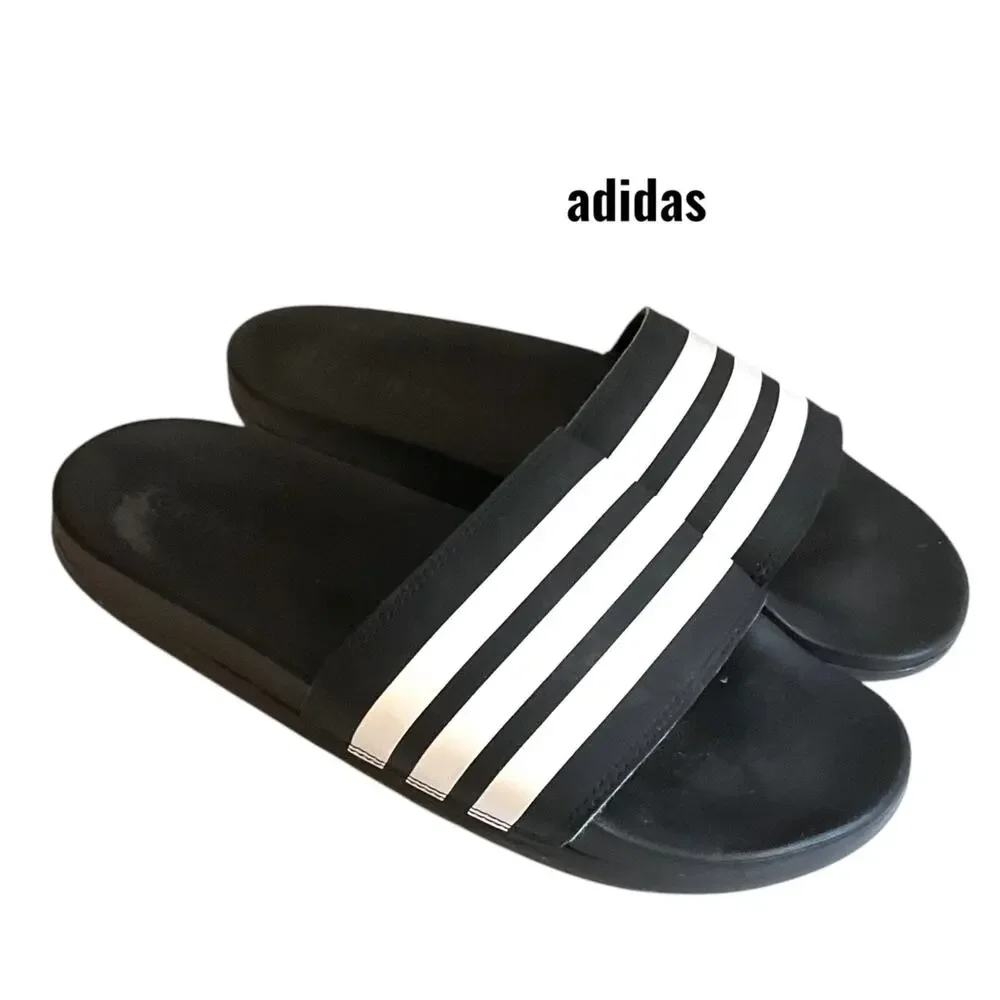 Adidas Sandals Men’s Size 8 Black White Striped Slip on Athlete‎ Sport Shower